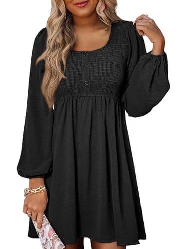 Dokotoo Womens Dresses 2025 Fall Long Sleeve Crewneck Buttoned Empire Waist Casual Smocked A-Line Flowy Mini Black Dress Wedding Guest Dress Winter Dress Large
