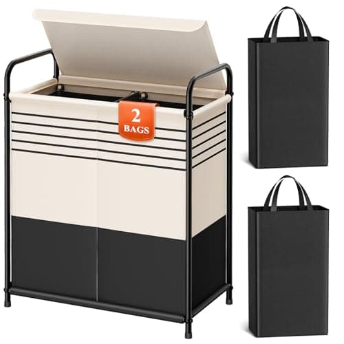 Kitsure Laundry Hamper with Lid - Spacious Double-Section Laundry Basket with Lid & Removable Inner Bags, Portable Clothes Hamper for Bedroom, Bathroom, Dorm, 120L, Black