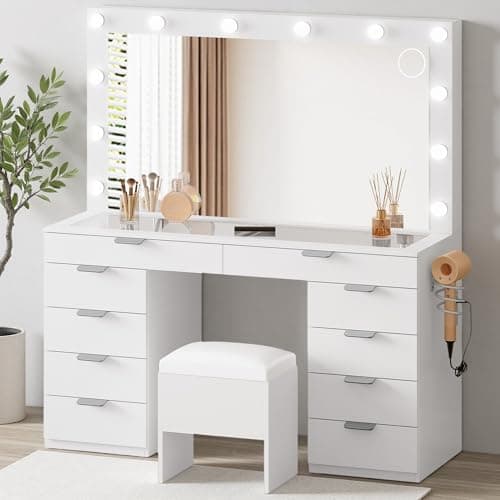 DWVO Vanity Desk Set with Mirror & Power Outlets, Vanity Table with Stool, 12 LED Bulbs, 3 Dimmable Light Colors, 10 Drawers, Hair Dryer Rack & Magnifying Mirror