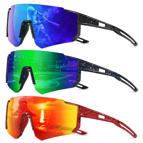 kunchu 3pack Kids Sunglasses Polarized - UV400 Protection Boys Youth Cycling Goggles Baseball Sunglasses with Glasses Strap (BlackSBlue+RedRed+SBlueGreen)