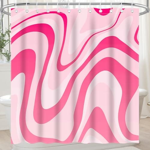 Nidoul Pink Shower Curtain for Bathroom Cute Wavy Swirl 70S Abstract Retro Vintage Preppy Aesthetic Fabric Waterproof Bathroom Shower Curtains Set with Hooks 72x72 Inch