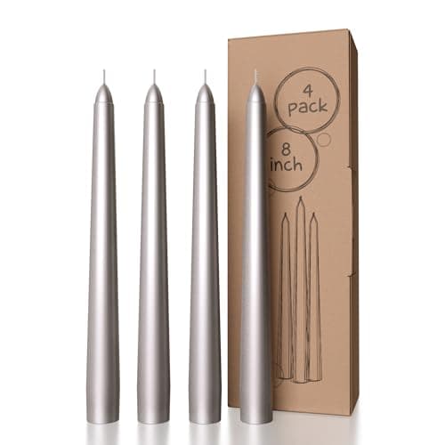 CANDWAX 8 inch Silver Taper Candles - Set of 4 Dripless Long Burning Fragrance-Free Candlesticks