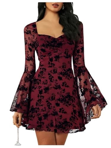 WDIRARA Women's Floral Jacquard Mesh Gothic Dress Bell Long Sleeve A Line Vintage Dresses Burgundy Large