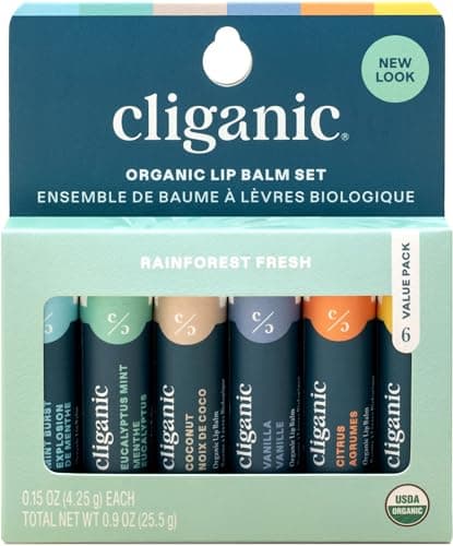 Cliganic USDA Organic Lip Balm Set - 6 Flavors - 100% Natural Moisturizer for Cracked & Dry Lips (Packaging May Vary)