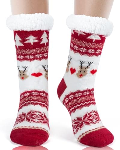 HONGTEYA Christmas Women Slippers Fuzzy Socks Winter Thick Warm Socks with Grippers Non Slip Soft Cozy Fleece Lining Christmas Gifts