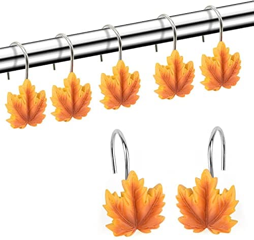 Maple Leaf Shower Curtain Hooks, 12 Anti Rust Decorative Thanksgiving Farmhouse Autumn Fall Shower Curtain Rings for Bathroom Bedroom Room Decor(Maple Leaves)