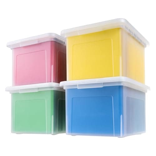 IRIS USA File Box Plastic File Organizer for Letter/Legal File, Document Box, Storage Bin Tote Organizer with Durable and Secure Latching Lid, Stackable, Nestable, BPA-Free, Clear 35 Qt. 4 Pack