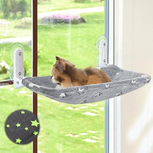 Zoratoo Cat Window Perch, Glow in The Dark Cordless Foldable Pet Hammock Bed for Window with Sturdy Metal Frame, Glowing Stars Pattern Resting Seat for Indoor Cats (Stars - M)