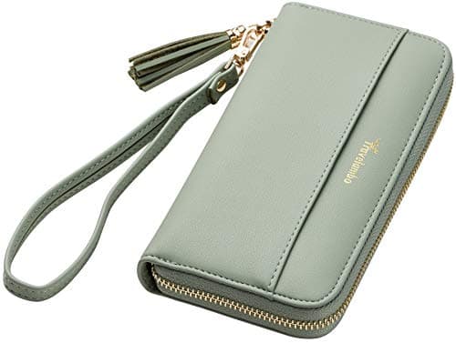 Travelambo Womens Wallet Tassel Bifold Ladies Clutch Wristlet Wrist strap Long Purse (Access Green Blooming)