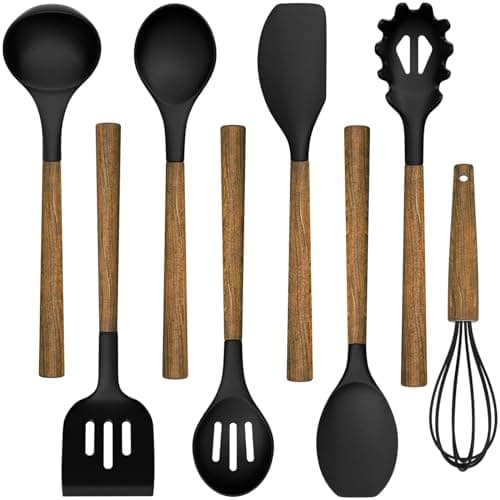 Silicone Cooking Utensil Set, Umite Chef 8-Piece Kitchen Set with Natural Acacia Wooden Handles,Food-Grade Silicone Heads-Silicone Kitchen Gadgets Spatulas Set for Nonstick Cookware- Black