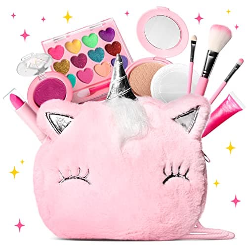 ULOVEME Kids Real Makeup Kit for Girls with Fluffy Purse - Real, Non Toxic, Washable Make Up Toy - Umicorn Toys Gift for 3 4 5 6 7 8 Years Old Girls Birthday (Pink Umicorn)