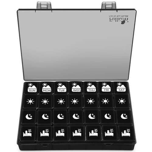 Fullicon Extra Large Weekly Pill Organizer 4 Times a Day, XL Large Pill Box, 7 Day Medicine Organizer, Pill case for Vitamin/Fish Oil/Supplements (Black)
