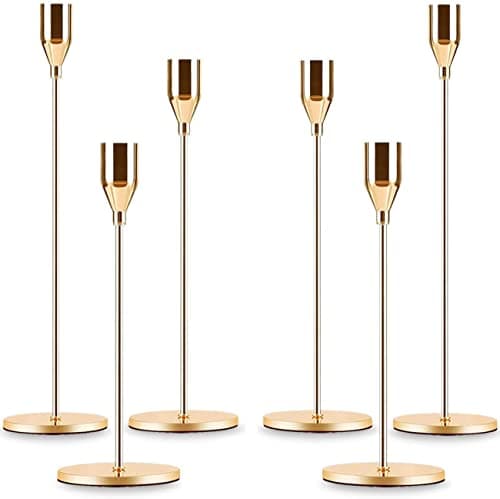 Gold Taper Candle Holder Set of 6, Brass Gold Tall Candlestick Holders, Metal Vintage Candle Stickers Long Holder Set, Pillar Decorative Candle Holder Fits 3/4 Inch Candle