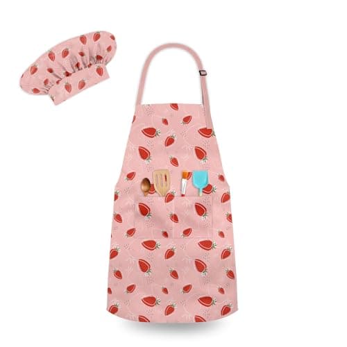 DEABOLAR Kids Chef Hat and Apron, Adjustable Kids Aprons with Pocket Girls Boys Kitchen Toddler Aprons for Cooking Baking