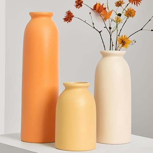 10.4 inches Tall Decorative Ceramic Vase Set, 3 Pieces, 10 inches Nordic Modern Boho Style, White, Farmhouse Home Decor(Orange)