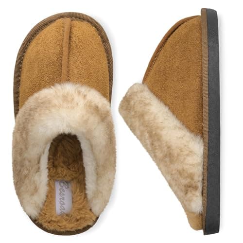 Besroad Kids Fuzzy House Slippers Warm Plush Furry Faux Fur Indoor Outdoor Slippers Memory Foam House Shoes for Girls Boys Tan Big Kid 2.5-3.5