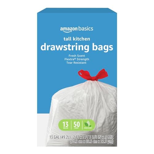 Amazon Basics Flextra Tall Kitchen Drawstring Trash Bags, Fresh Scent, Tear Resistant, 13 Gallon, 50 Count, Pack of 1