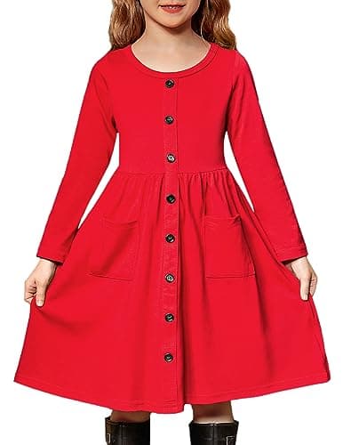 Arshiner Girls Dress Long Sleeve Solid Color Swing Casual Dresses Red 10-12 Years