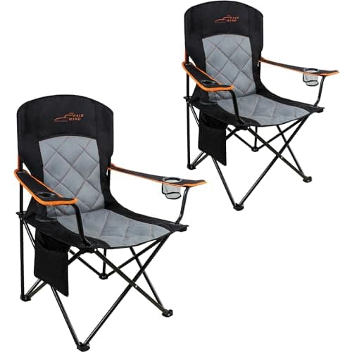 FAIR WIND 2 Pack Oversized Fully Padded Camping Chair Heavy Duty Quad Fold Arm Chair Support 350 LBS with Cup Holder, Collapsible Lumbar Back Chair Portable for Outdoor, Black