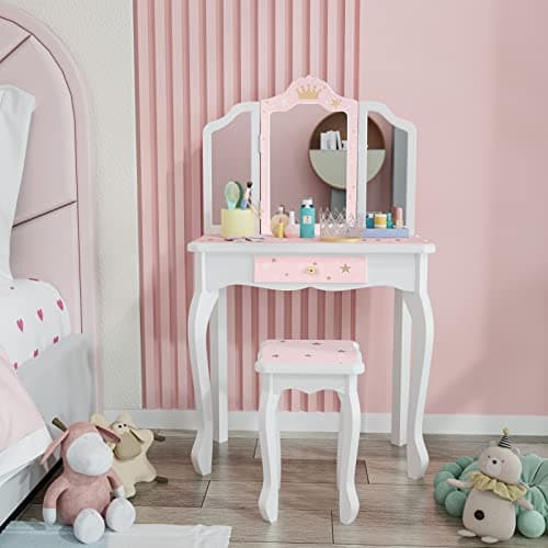 JOYMOR Kids Princess Vanity Table and Chair Set, Kids Vanity Set with Mirror, Makeup Dressing Table with Two 180° Folding Mirror for Girls Age 4-9