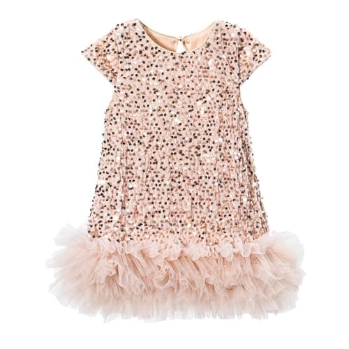 Tutu.kk Little Girls Sequin Dress A-Line Sparkly Short Sleeve Wedding Party Gown Dresses for Girls Champagne 5-6 Years