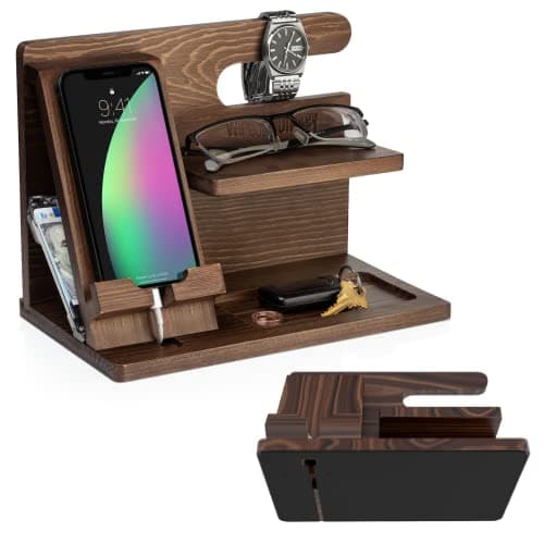 Premium Walnut Wood Phone Docking Station – Universal Organizer for Smartphones, Watches, and Accessories – Non-Slip Base to Prevent Scratches – Elegant Desk or Nightstand Solution for Men & Women