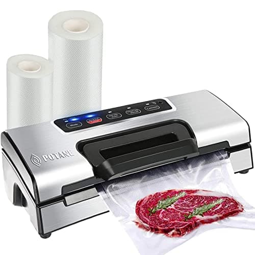 Potane Precision Vacuum Machine,Pro Food Sealer with Built-in Cutter and Bag Storage(Up to 20 Feet Length), Both Auto&Manual Options,2 Modes,Includes 2 Bag Rolls 11”x16’ and 8”x16’,Compact Design