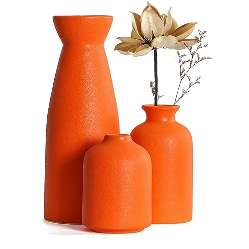 CEMABT Ceramic Orange Vases Set of 3 Small Flower Vases for Decor, Modern Rustic Farmhouse Home Decor, Decorative Vases for Pampas Grass,Idea Shelf,Table,Bookshelf,Entryway- Distressed Decor