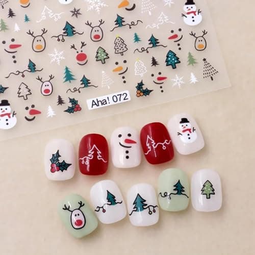 Christmas Nail Stickers Winter Snowman Snowflake Nail Art Stickers 8PCS Elk Santa Claus Christmas Nail Art Designs Supplies 3D Nail Adhesive Decals Xmas Transfer Sliders for Manicure Nail Decorations