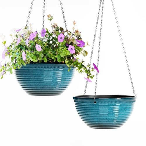 Vanslogreen 2 Pack Hanging Planters for Indoor Outdoor Plants, 10 Inch Hanging Planter with Drainage Hole & Plug Glazed Hanging Baskets Flower Pots for Garden Home (Blue)