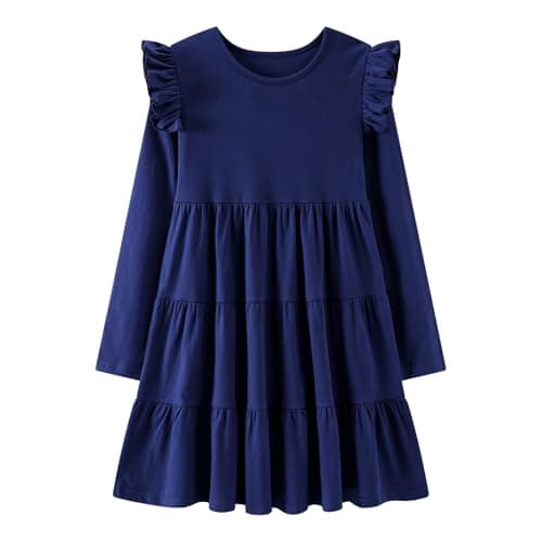 HILEELANG Kids Girl Long Sleeve Dress Ruffle Solid Navy Blue Cotton Casual Tiered Pleated Twirly Skater Midi Dress 6 Years