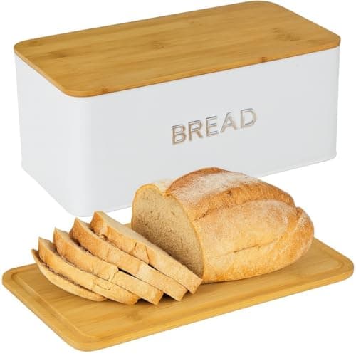 Culinary Couture White Bread Box for Kitchen Countertop with Bamboo Lid - Large BreadBox for Homemade Bread - Storage BreadBox with Cutting Board Lid