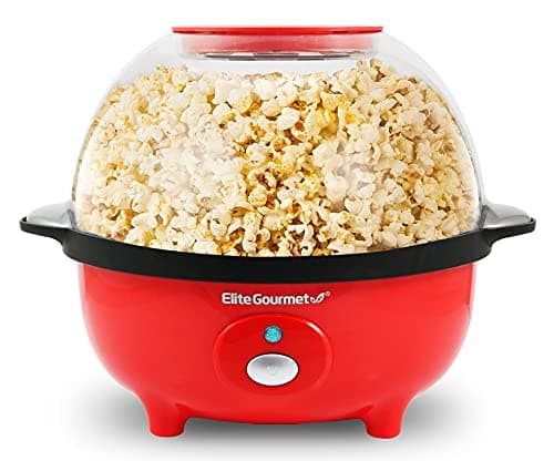 Elite Gourmet EPM330R Automatic Stirring 12-cup Popcorn Maker Popper, Hot Oil Popcorn Machine w/Measuring Cap & Built-in Reversible Serving Bowl, Great for Home Party Kids, Safety ETL Approved, Red