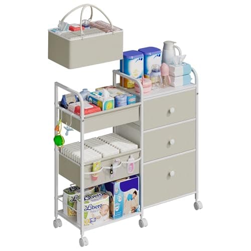 Cidaziya 2In1 Baby Diaper Caddy Organizers and Storage, 3 Tier Rolling Cart with Dividers and Drawers, Mobile Utility Cart Baby Dresser Clothes Organizer for Changing Table, Crib Nursery, Bedroom