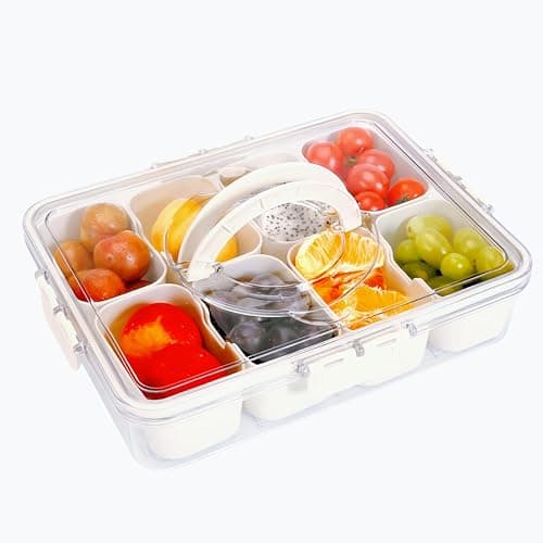 ALYBIT Divided Serving Tray with Lid and Handle - Snackle Box Charcuterie Container for Portable Snack Platters - Clear Organizer for Candy, Fruits, Nuts, Snacks - Perfect for Party, Entertaining