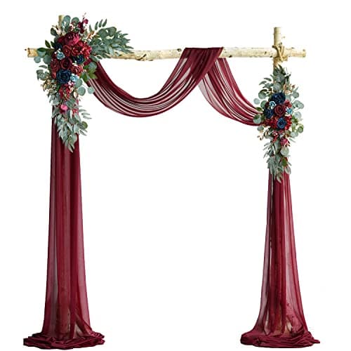 ponatia Artificial Wedding Arch Flowers Kit(Pack of 3), Burgundy Flowers with 26Ft Shiny Arch Draping Fabric, Navy Arch Flowers for Wedding Decoration, Wedding Ceremony Reception Backdrop Decorations