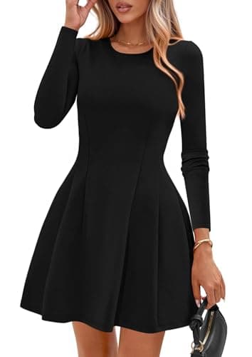 PRETTYGARDEN Long Sleeve Mini Dress for Women 2025 Fall Crewneck Knit Pleated Babydoll A Line Soft Casual Short Party Dresses (Black,Small)