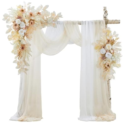 WEDFLOR Wedding Arch Flowers with Drapes Kit (Pack of 4) - 2pcs Artificial Beige Deluxe Swag with 2pcs Sheer Drapes for Wedding Ceremony Arbor Reception Backdrop Rose Floral Decoration