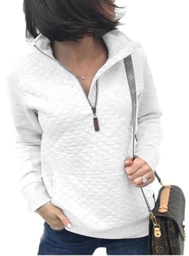 Barlver Womens Fashion Quarter Zip Stand Collar Sweatshirts Long Sleeve Plain Casual Ladies Pullovers Shirts Tops White M