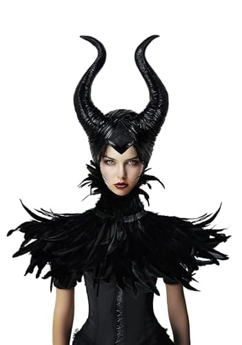 JEGERMIG Feather Cape Shawl with Witch Horns Headband Set Halloween Costumes Couples Adults (Horns With Cape, Horns With Cape)