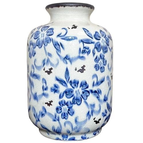 Vintage Ceramic Farmhouse Flower Vase, Rustic Home Decor, Blue and White, 7 inch Decorative Vase