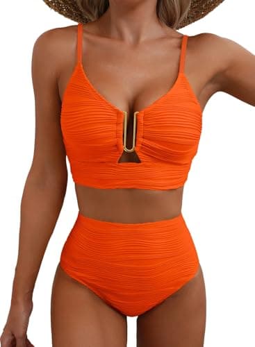Herseas Womens Sexy U Wired Ruched Push Up 2 Piece Bikini Sets Tummy Control High Waisted Cutout Adjustable Straps Swim Suits Beautiful Bathing Suit Vintage Holiday Outfits Orange Medium