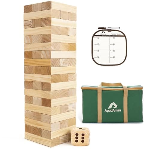 ApudArmis Giant Tumble Tower (Stack from 2Ft to Over 4.2Ft), 54 PCS Pine Wooden Stacking Timber Game with 1 Dice Set - Classic Block Giant Outdoor Game for Teens Adults Family