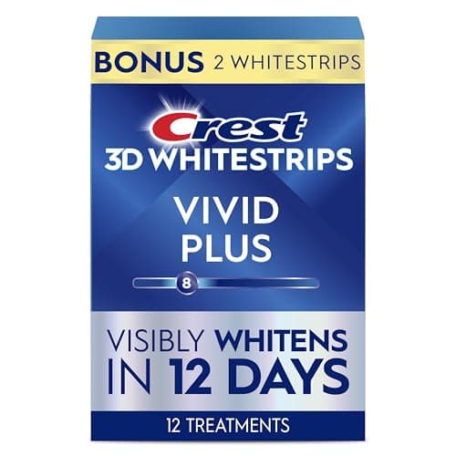 Crest 3D Whitestrips Vivid Plus, Teeth Whitening Strip Kit, 10 Treatments + 2 Bonus Treatments (Each with 1 Upper/1 Lower Strip), 24 Strips, 8 Levels Whiter, Teeth Whitening Kit