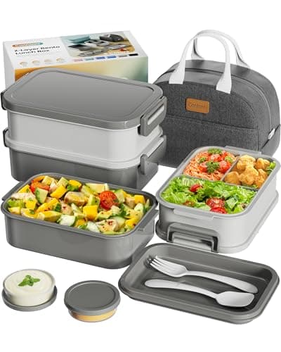 Best Bento lunch boxes #9 from Canfanni Adults Bento Box with Insulated Lunch Bag, 74oz Capacity 3 Stackable Leak-Proof Bento Box Built-In Utensil and Sauce, PFAS & BPA-Free, Microwave & Dishwasher Safe (Dusk Gray)