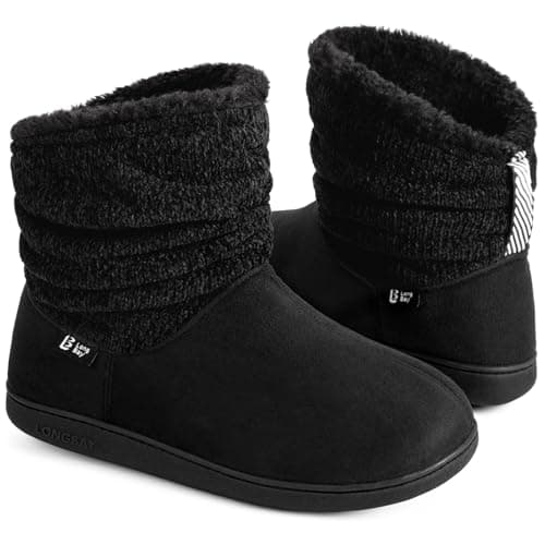 Longbay Women's Warm Chenille Knit Bootie Slippers Memory Foam Comfy Suede Fluffy Faux Fur Memory Foam Boots House Shoes (Small / 5-6, Black)