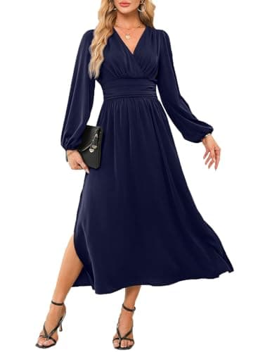 Dokotoo Womens Dresses 2024 Wrap V-Neck Lantern Sleeve Empire Waist Side Slit A-line Semi Formal Dress Wedding Guest Elegant Party Dress Blue Small