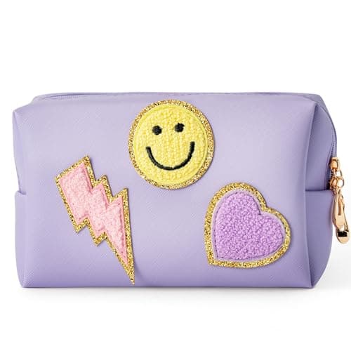 LieToi Preppy Patch Small Toiletry Bag, Smile Lightning Heart PU Leather Portable Waterproof Makeup Cosmetic Bag Daily Use Storage Purse Travel Organizer Compliant Bag for Women Girls (Taro Purple)