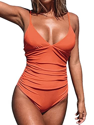 CUPSHE Womens Swimwear V Neck Shirring Swimsuit,Orange, Medium