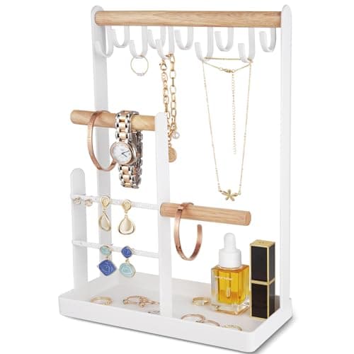 ProCase Jewelry Stand Holder Organizer, 4-Tier Necklace Holder with Ring Tray, 10 Hooks Necklaces Hanging Small Jewelry Display Storage Tower Tree for Bracelets Earrings Watches -Medium, White